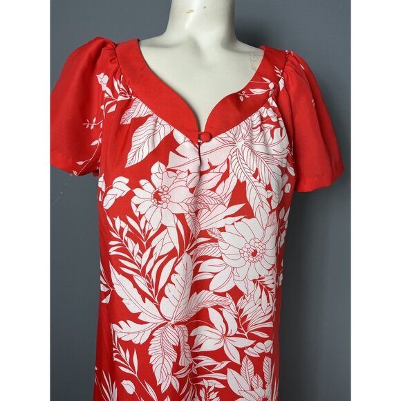 Vintage 70s Womens M Red/White Long Floral Print Hawaiian Maxi Dress Wedding - Picture 2 of 8